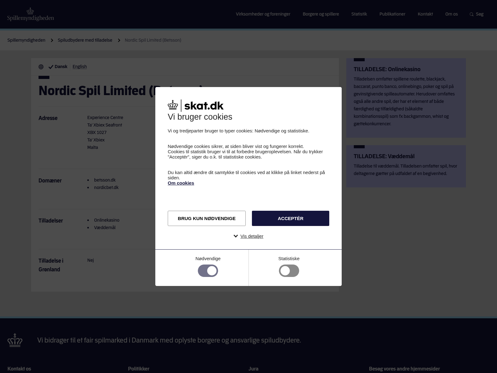 Dateret capture af operatørregistreringen for Nordic Spil Limited og betsson.dk