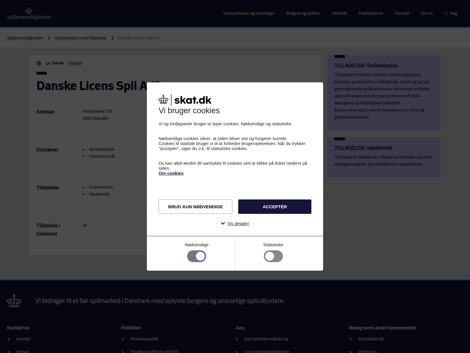 Dateret capture af myndighedsposten for Danske Licens Spil A/S