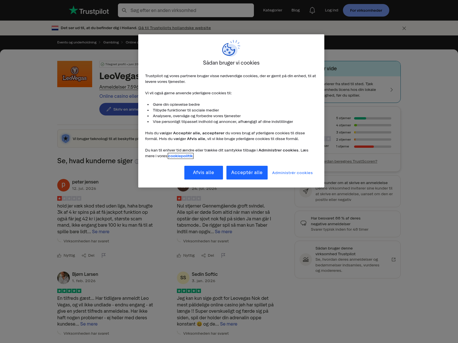 Dateret capture af offentlig brugerfeedback om LeoVegas