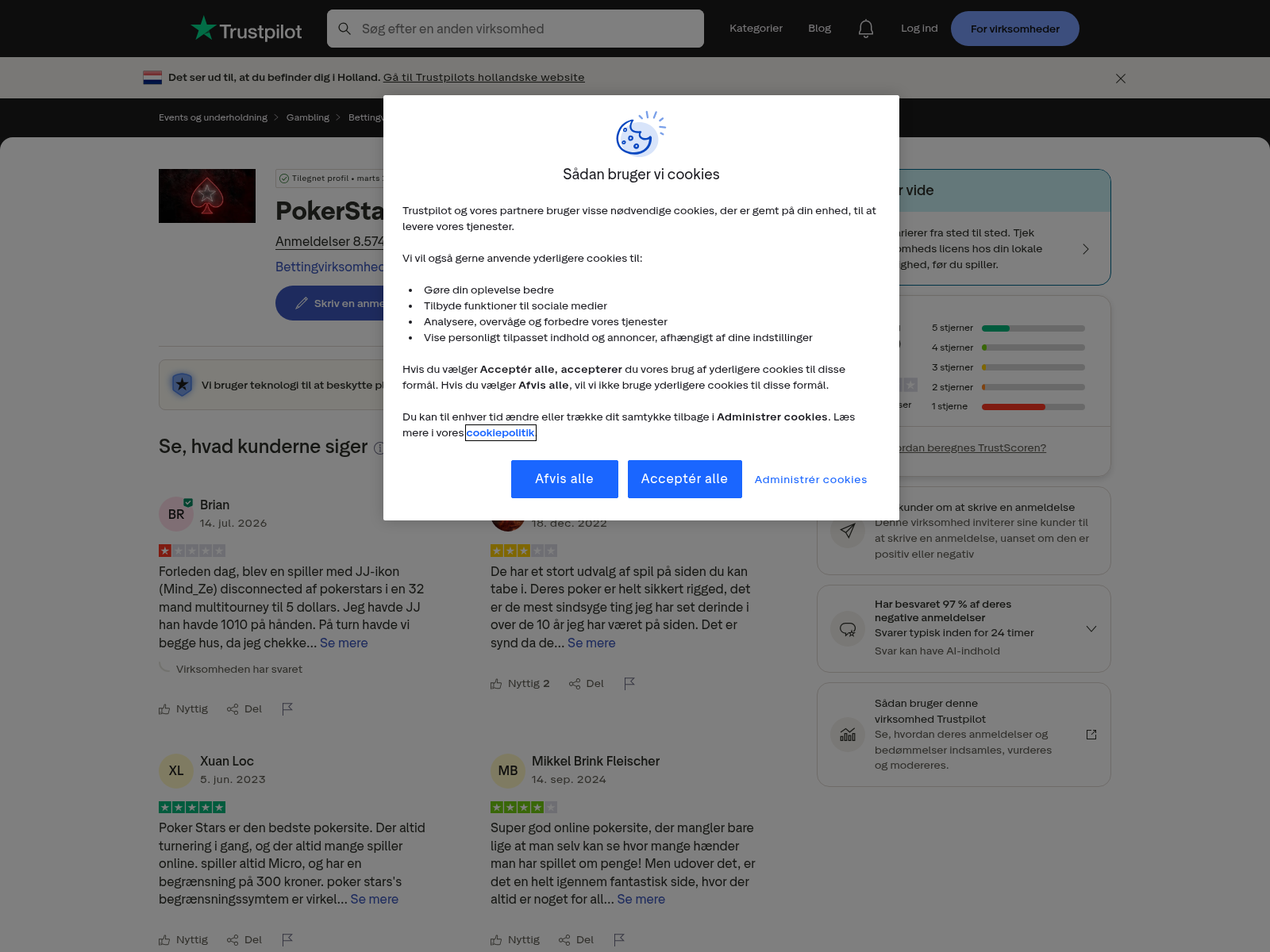 Gemt capture af offentlig profil med brugerindsendte meninger om PokerStars