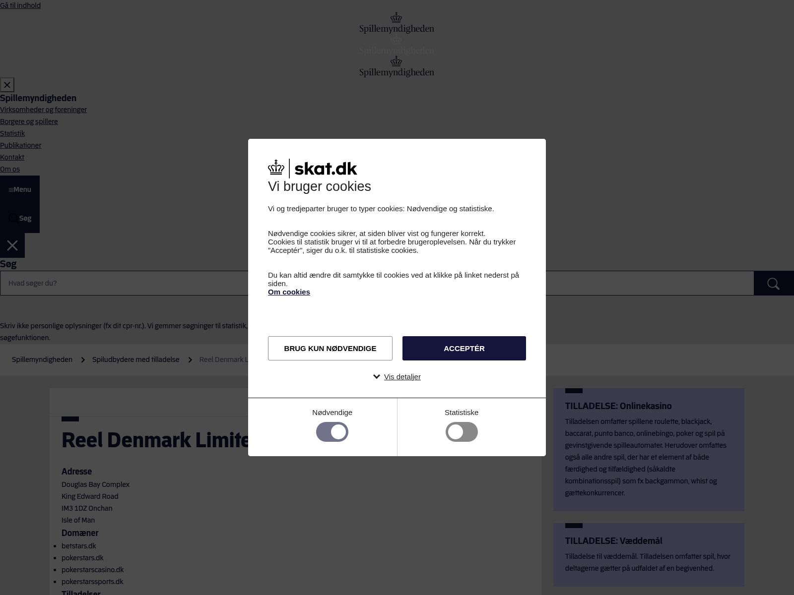 Gemte myndighedsoplysninger om Reel Denmark Limited og pokerstars.dk